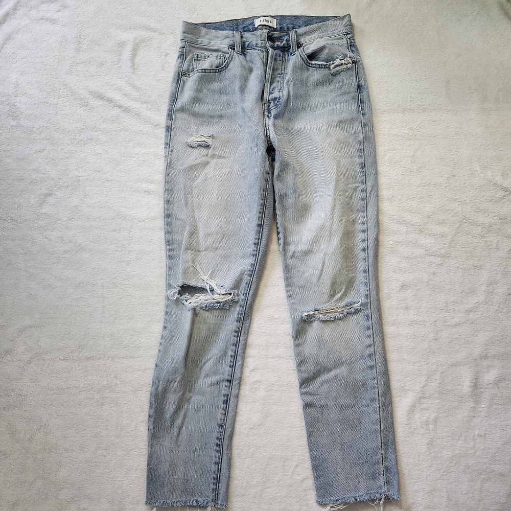 PISTOLA Women's Buttonfly High Waist Distressed‎ Light Washed Denim Jeans 27